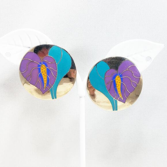 Vintage Laurel Burch "Antherium" Earrings, Rhodium Plated, 1980s Vintage Jewelry - Picture 2 of 10